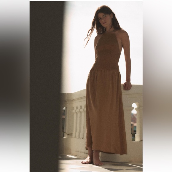 New Zara brown flowy halter midi low waist dress with pockets - Picture 2 of 8